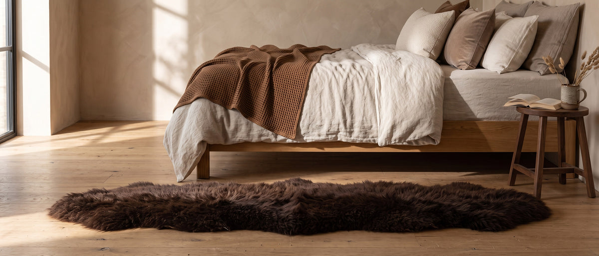 Brown sheepskin runner beside a bed