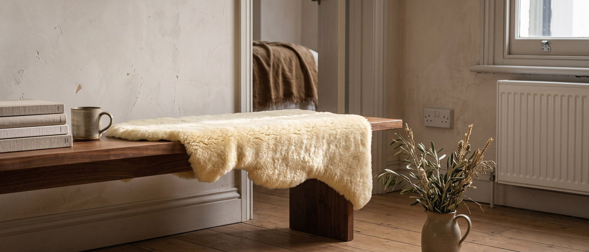Medical sheepskin on an oak bench