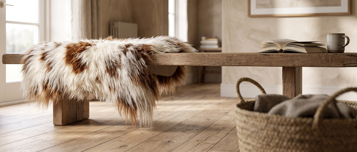 Mouflon sheepskin rug on an oak bench