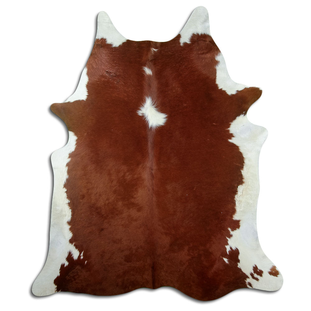 Brown and white cowhide rug of about 220 × 190 cm, seen from above: the exact hide you receive