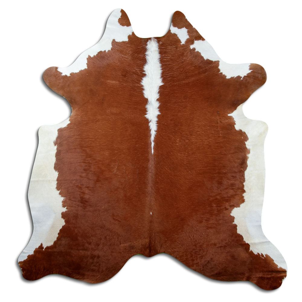 Brown and white cowhide rug of about 210 × 200 cm, seen from above: the exact hide you receive