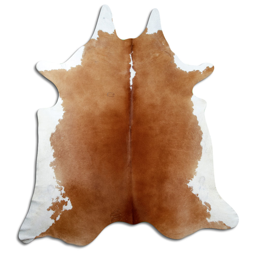 Brown and white cowhide rug of about 230 × 210 cm, seen from above: the exact hide you receive