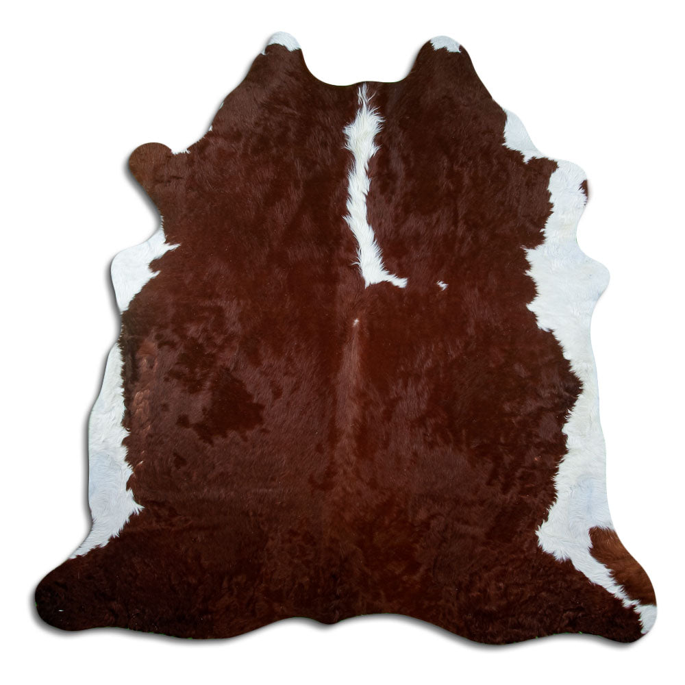 Brown and white cowhide rug of about 210 × 210 cm, seen from above: the exact hide you receive