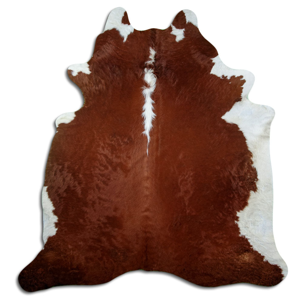 Brown and white cowhide rug of about 210 × 200 cm, seen from above: the exact hide you receive