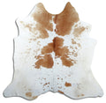 Brown and white cowhide rug of about 180 × 190 cm, seen from above: the exact hide you receive