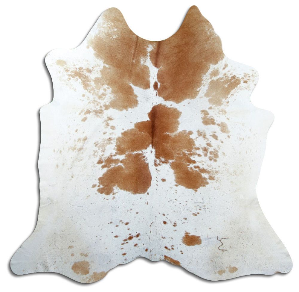 Brown and white cowhide rug of about 180 × 190 cm, seen from above: the exact hide you receive
