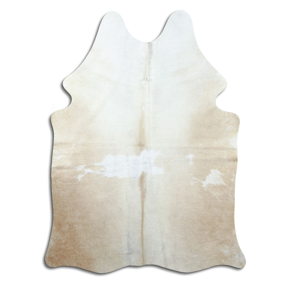 Brown and white cowhide rug of about 180 × 140 cm, seen from above: the exact hide you receive