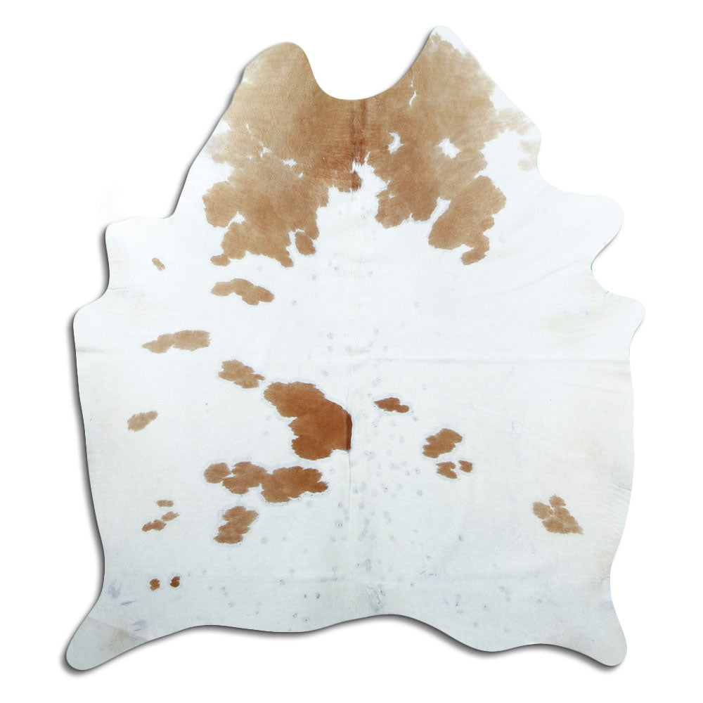 Brown and white cowhide rug of about 170 × 150 cm, seen from above: the exact hide you receive