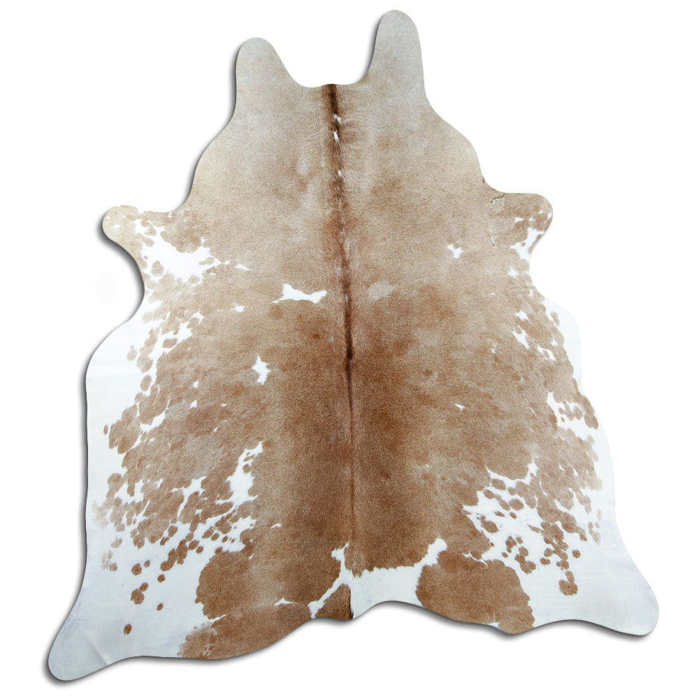 Brown and white cowhide rug of about 200 × 180 cm, seen from above: the exact hide you receive