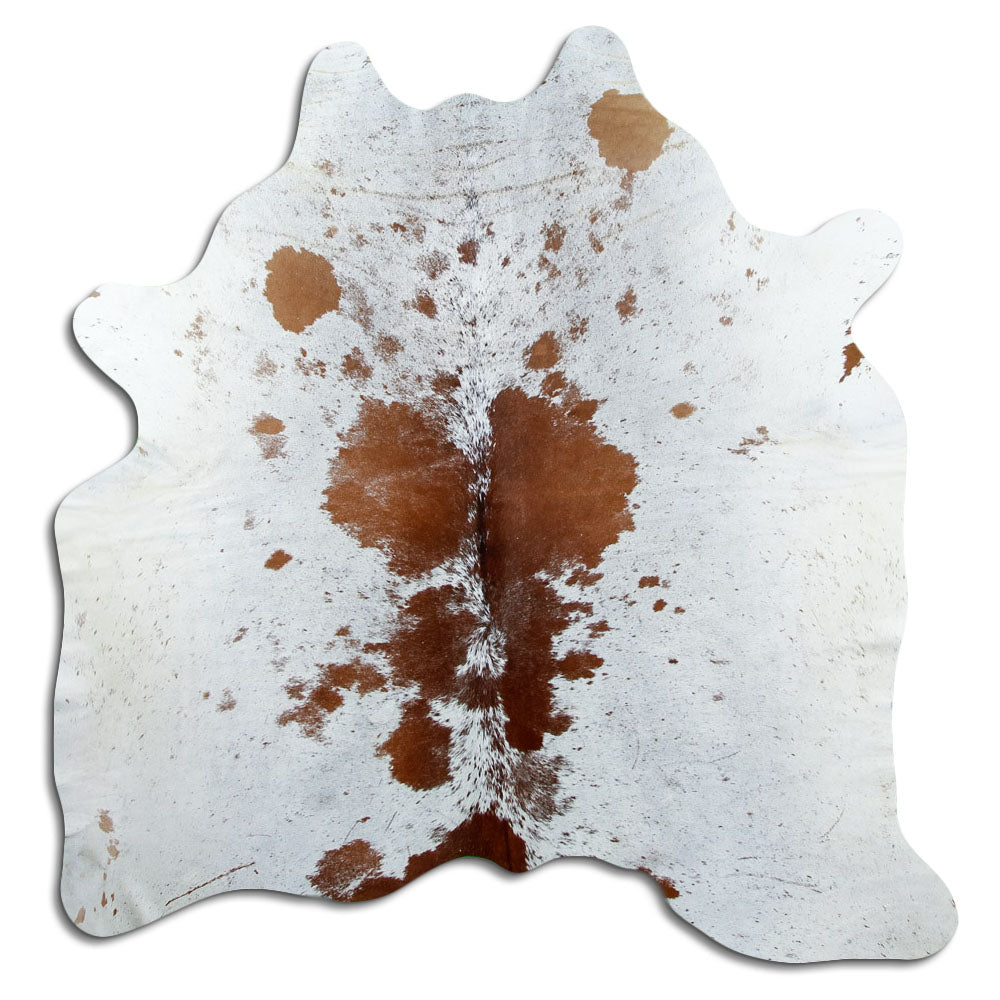 Brown and white cowhide rug of about 180 × 180 cm, seen from above: the exact hide you receive