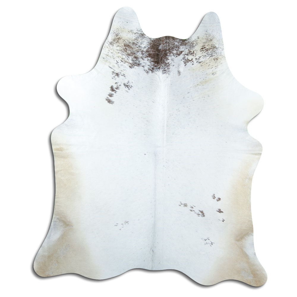 Brown and white cowhide rug of about 200 × 170 cm, seen from above: the exact hide you receive