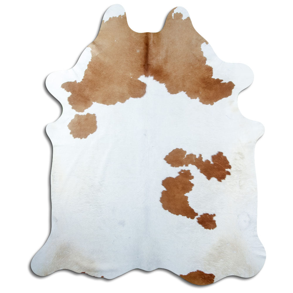 Brown and white cowhide rug of about 220 × 190 cm, seen from above: the exact hide you receive