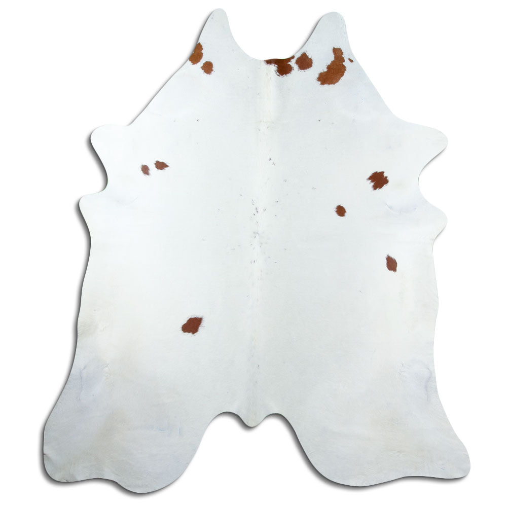 Brown and white cowhide rug of about 220 × 200 cm, seen from above: the exact hide you receive