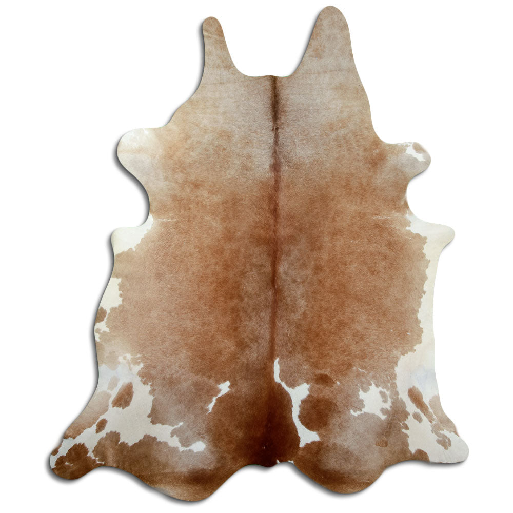 Brown and white cowhide rug of about 240 × 200 cm, seen from above: the exact hide you receive