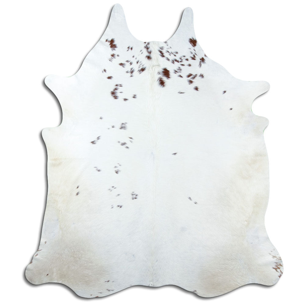 Brown and white cowhide rug of about 230 × 200 cm, seen from above: the exact hide you receive