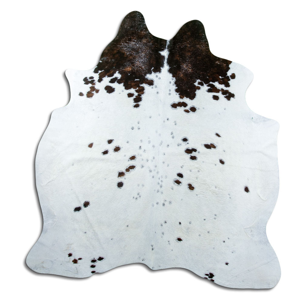 Brown and white cowhide rug of about 180 × 170 cm, seen from above: the exact hide you receive