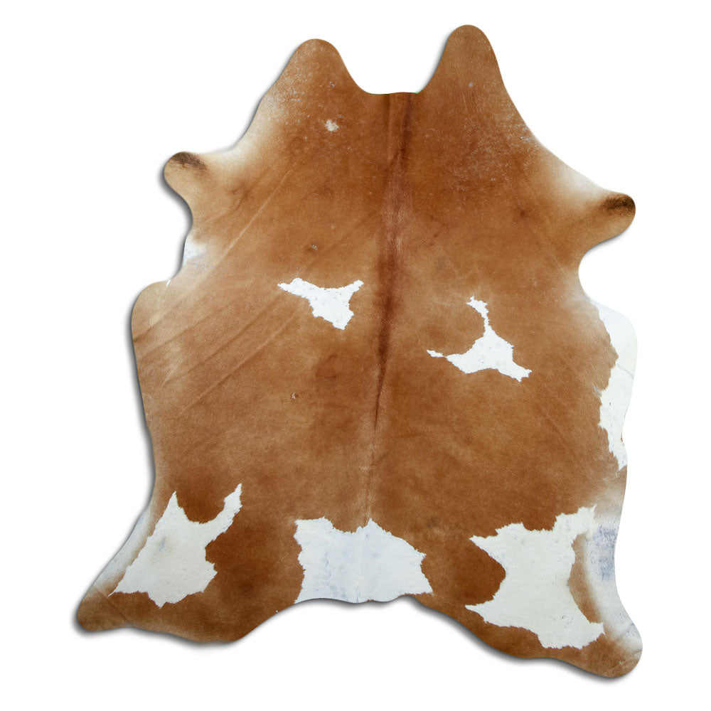 Brown and white cowhide rug of about 190 × 170 cm, seen from above: the exact hide you receive