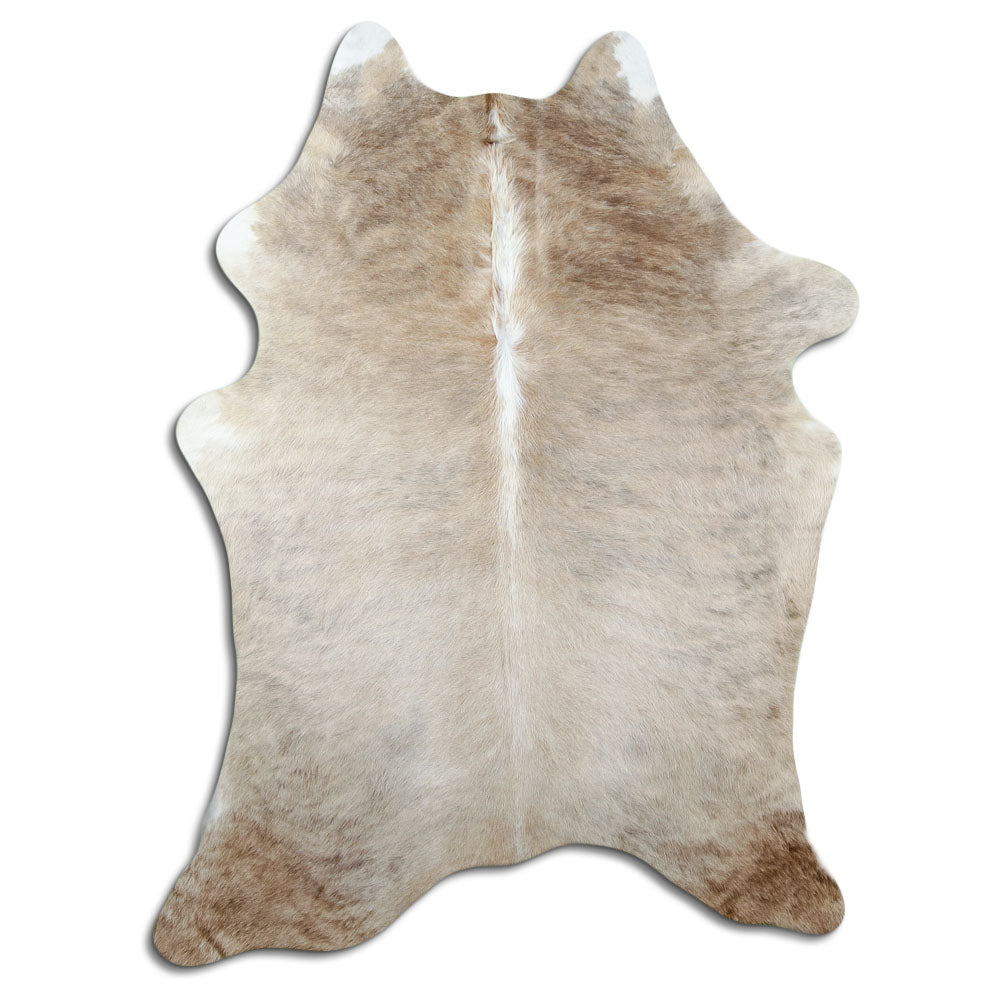 Champagne cowhide rug of about 190 × 140 cm, seen from above: the exact hide you receive