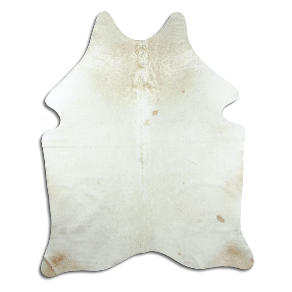 Champagne cowhide rug of about 200 × 160 cm, seen from above: the exact hide you receive