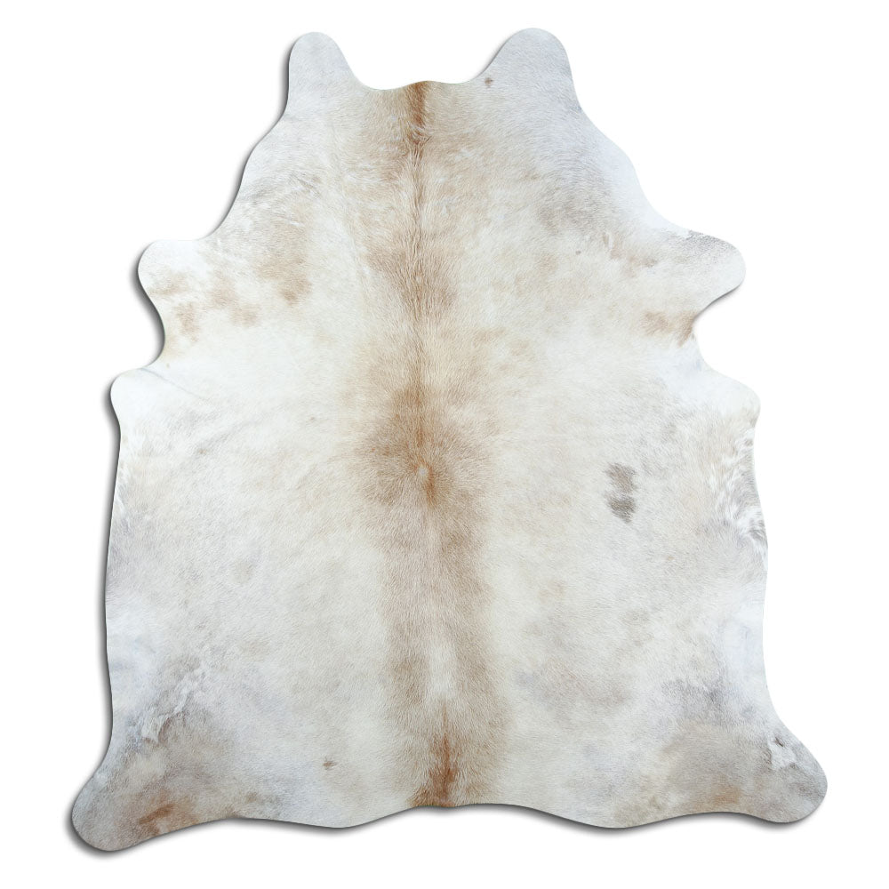 Champagne cowhide rug of about 220 × 200 cm, seen from above: the exact hide you receive
