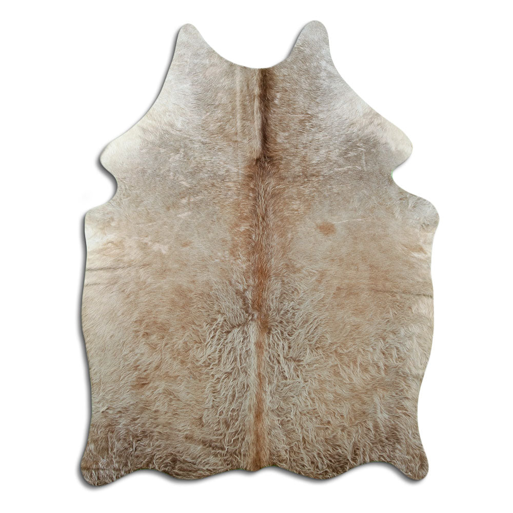 Champagne cowhide rug of about 180 × 130 cm, seen from above: the exact hide you receive