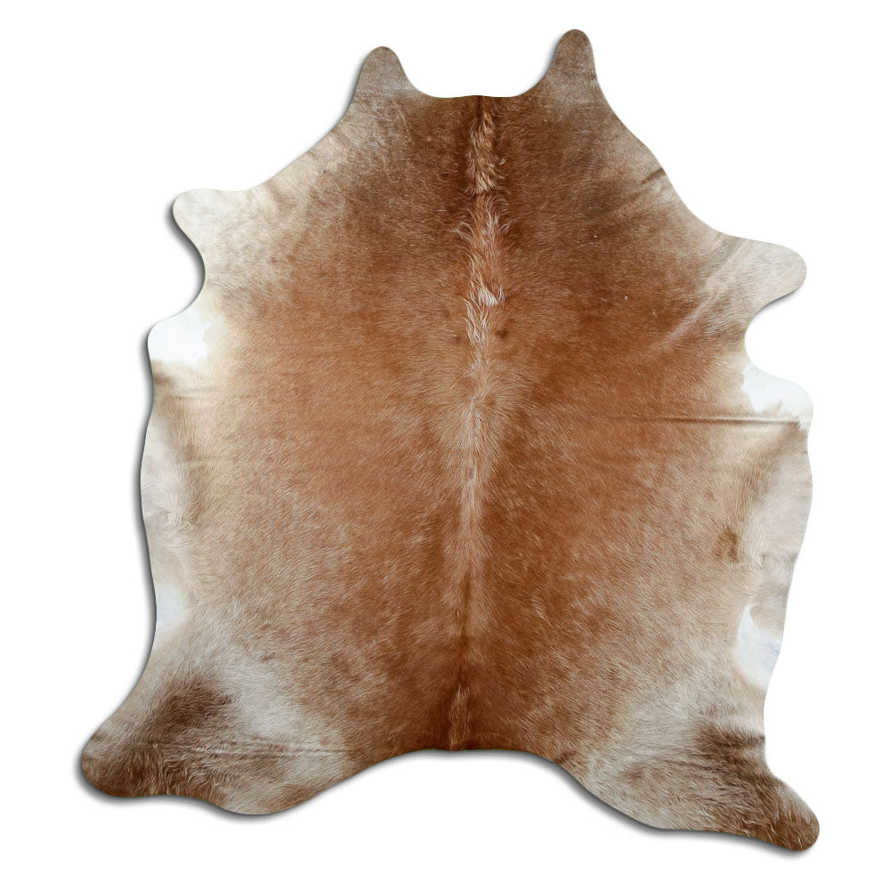 Champagne cowhide rug of about 230 × 200 cm, seen from above: the exact hide you receive