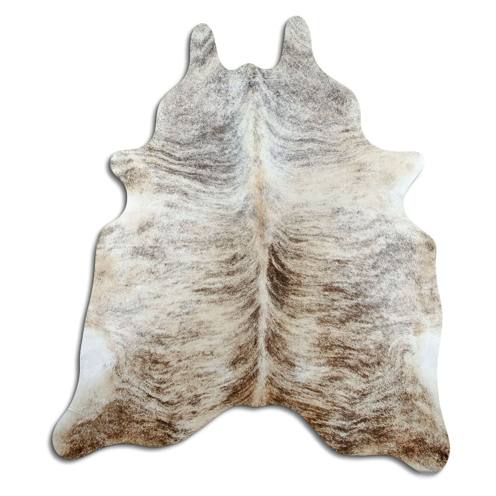 Brindle cowhide rug of about 190 × 170 cm, seen from above: the exact hide you receive