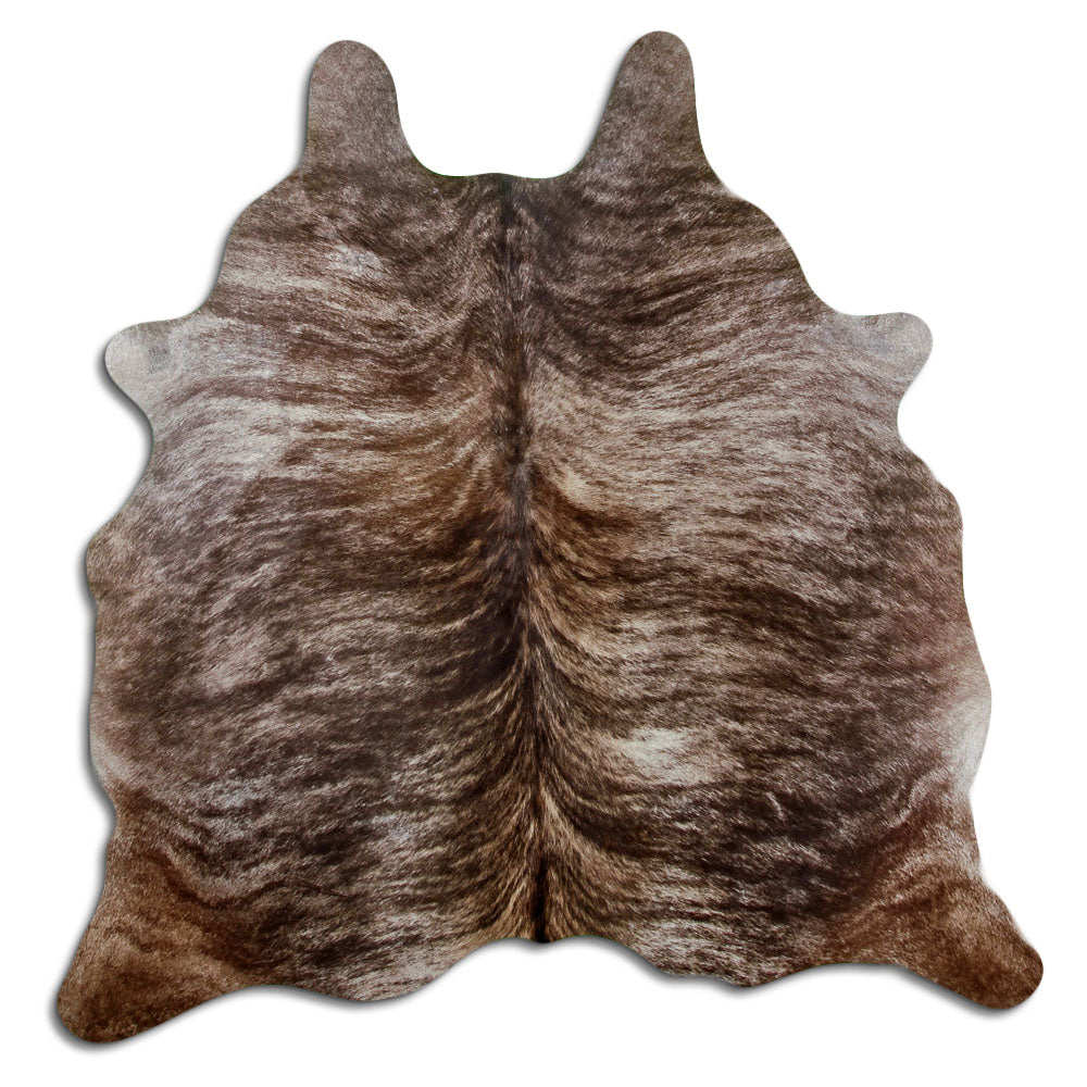 Brindle cowhide rug of about 180 × 170 cm, seen from above: the exact hide you receive