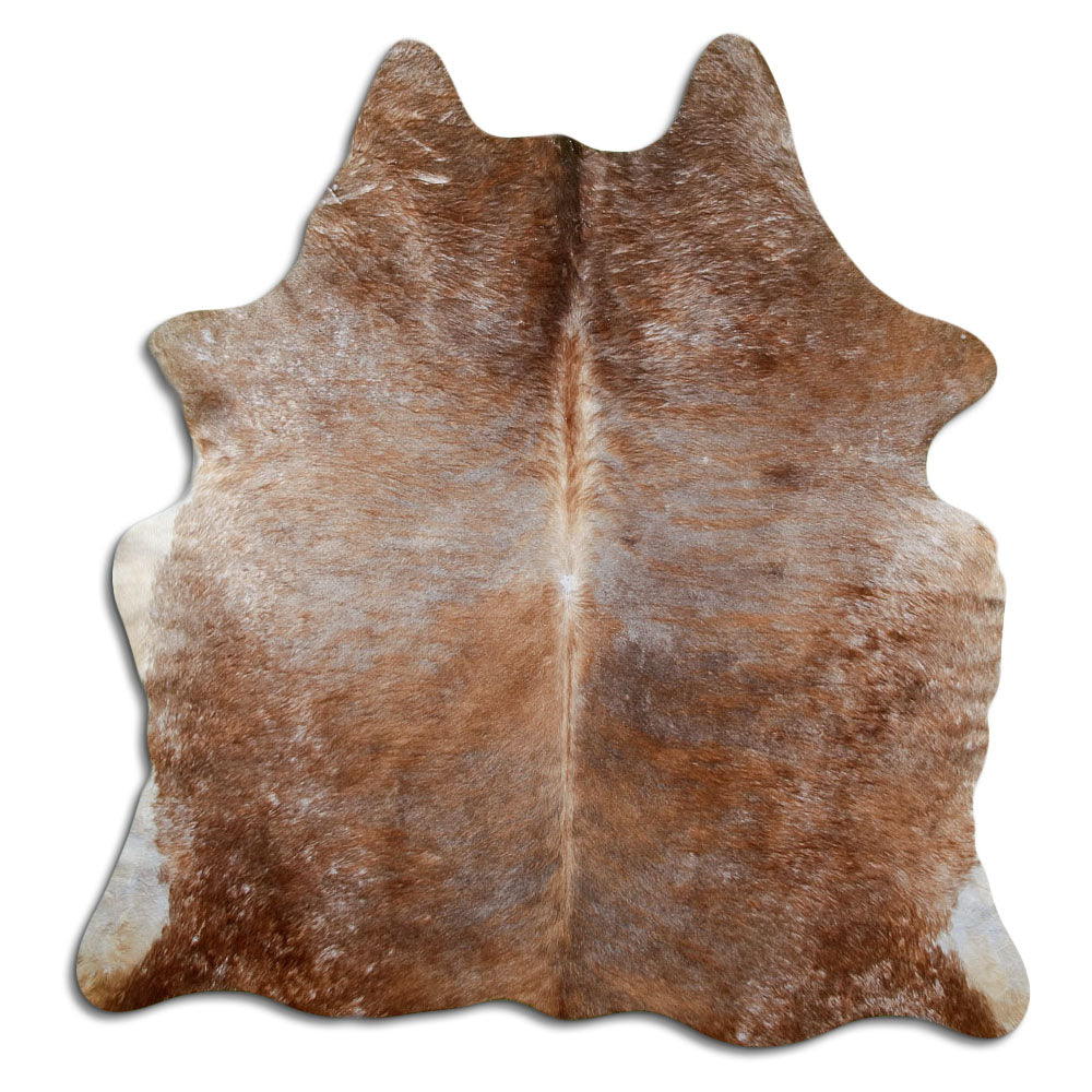 Brindle cowhide rug of about 180 × 170 cm, seen from above: the exact hide you receive