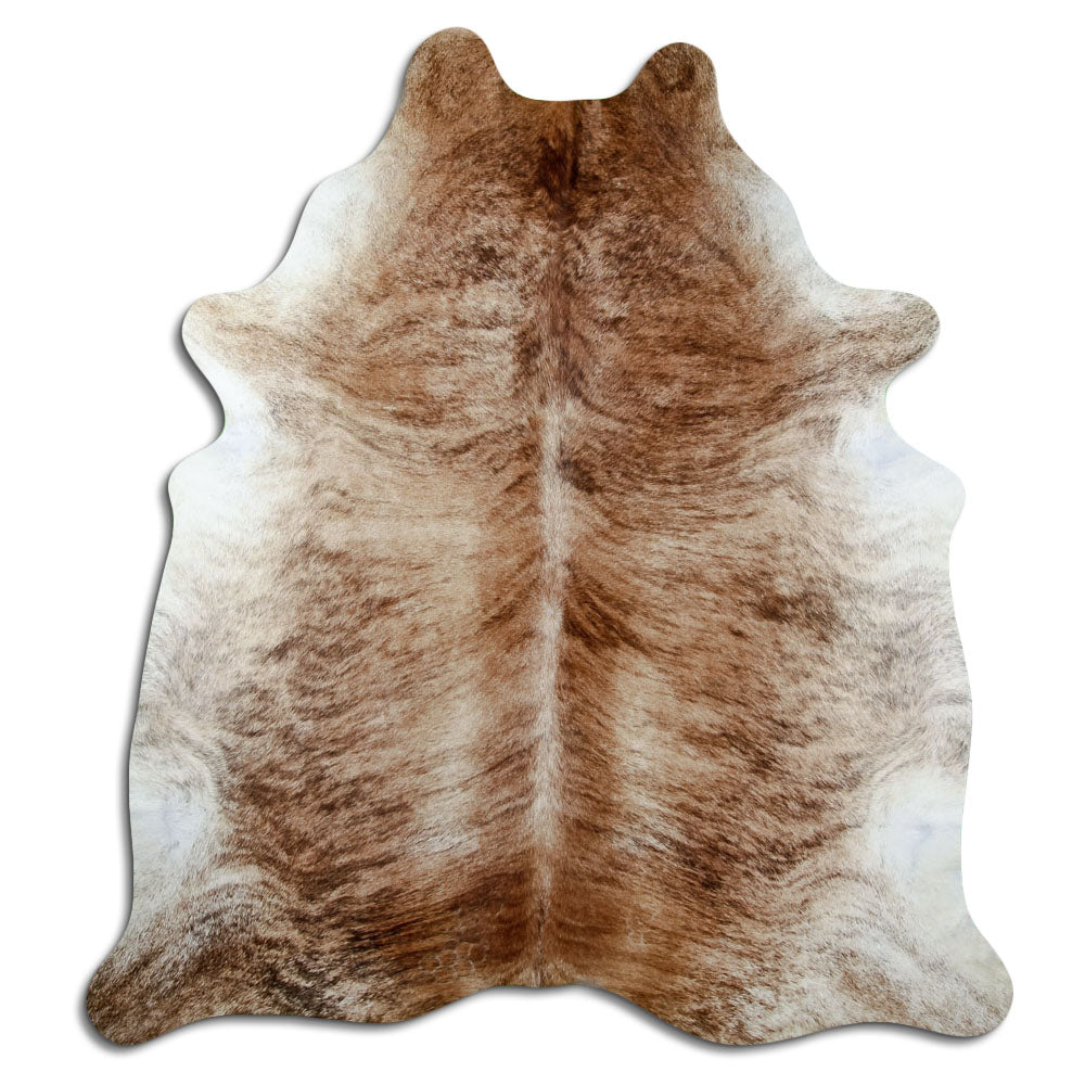 Brindle cowhide rug of about 220 × 200 cm, seen from above: the exact hide you receive