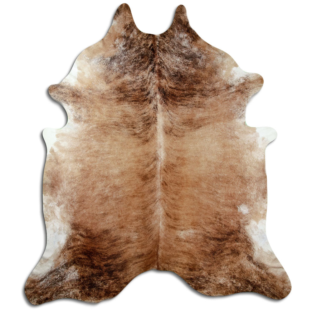 Brindle cowhide rug of about 250 × 220 cm, seen from above: the exact hide you receive