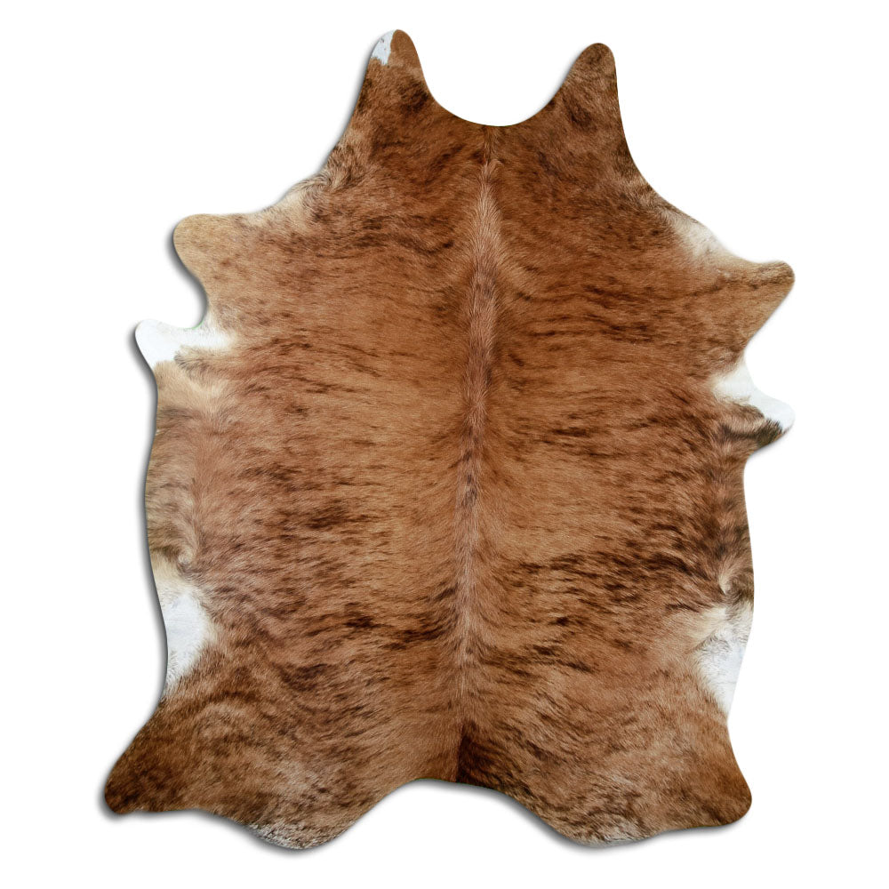 Brindle cowhide rug of about 220 × 170 cm, seen from above: the exact hide you receive