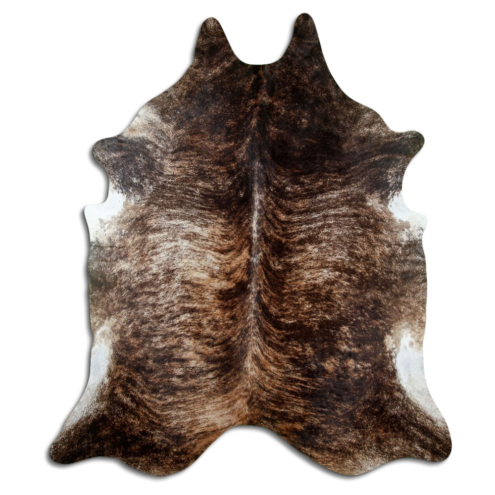 Brindle cowhide rug of about 260 × 220 cm, seen from above: the exact hide you receive
