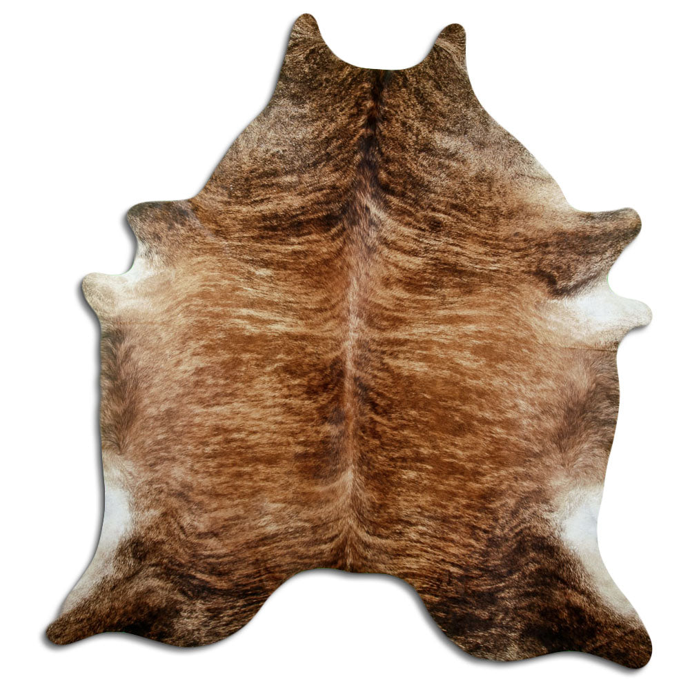 Brindle cowhide rug of about 220 × 210 cm, seen from above: the exact hide you receive