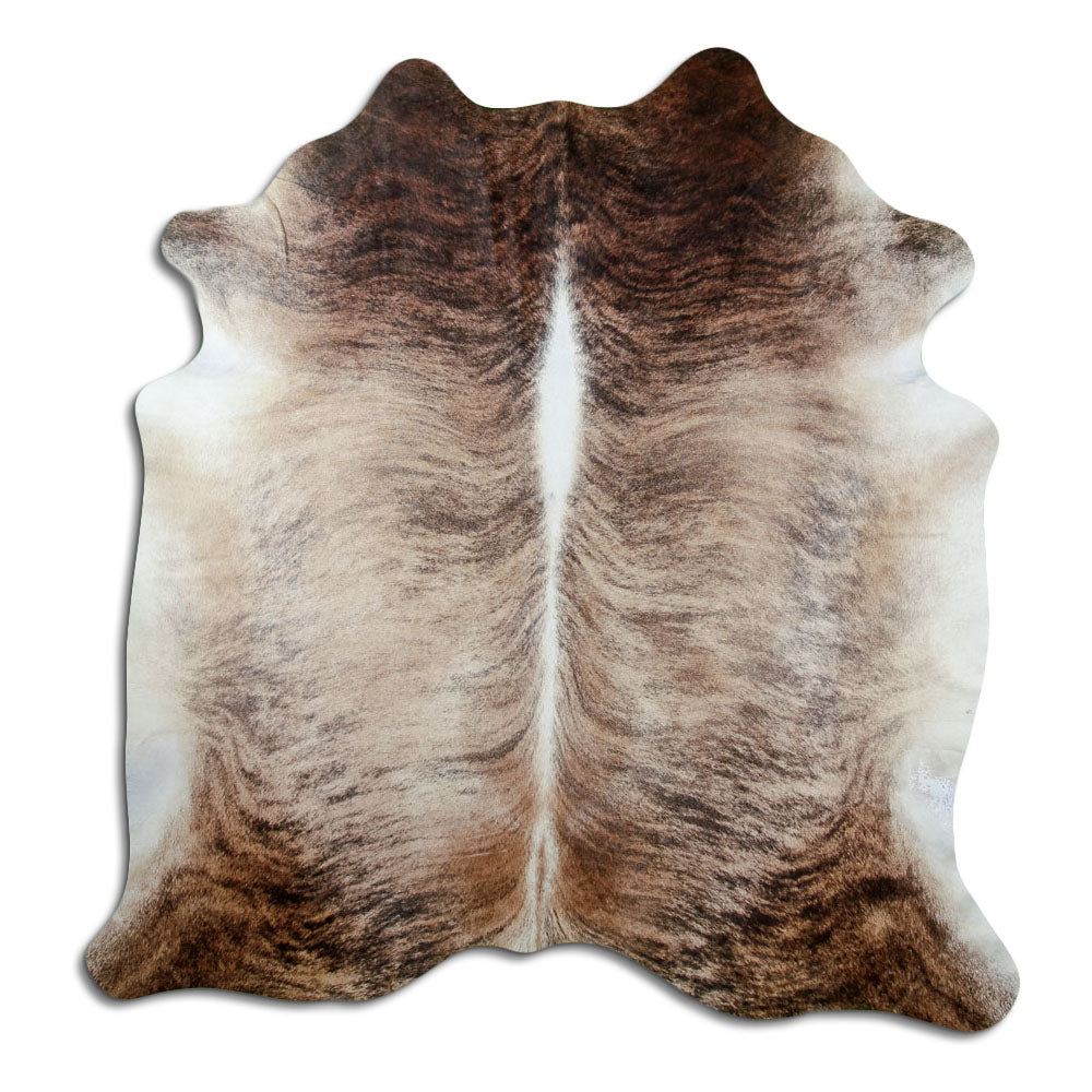 Brindle cowhide rug of about 220 × 210 cm, seen from above: the exact hide you receive