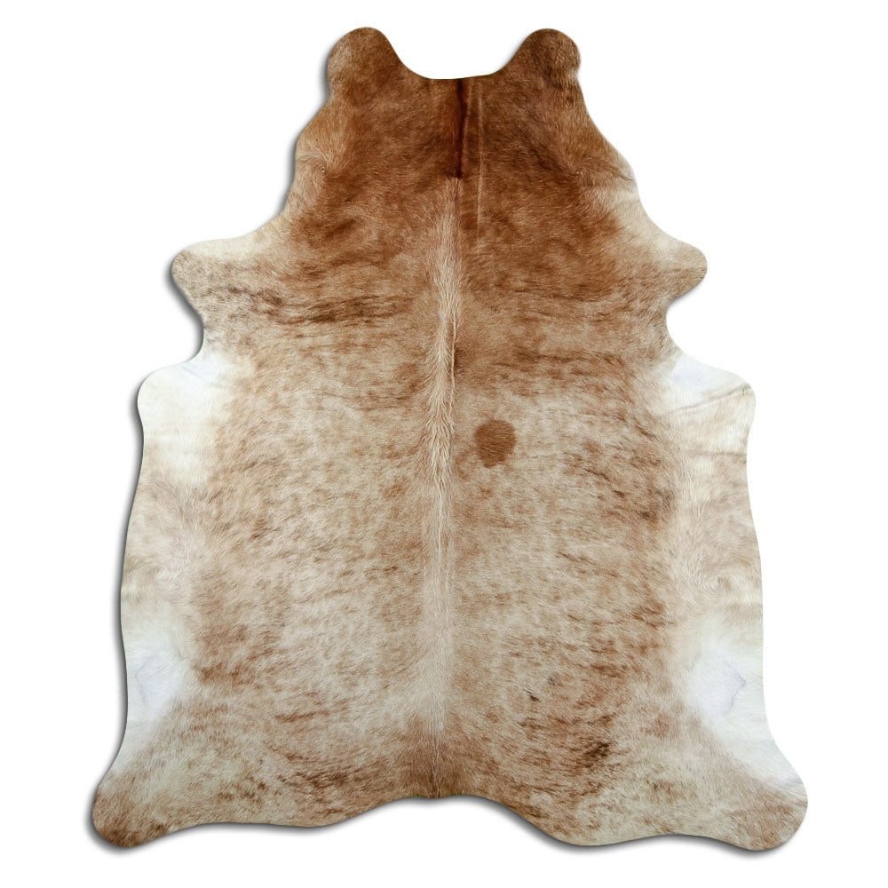 Brindle cowhide rug of about 210 × 180 cm, seen from above: the exact hide you receive