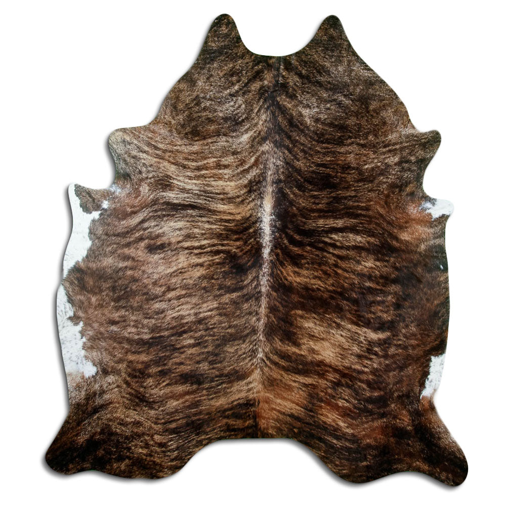 Brindle cowhide rug of about 210 × 190 cm, seen from above: the exact hide you receive