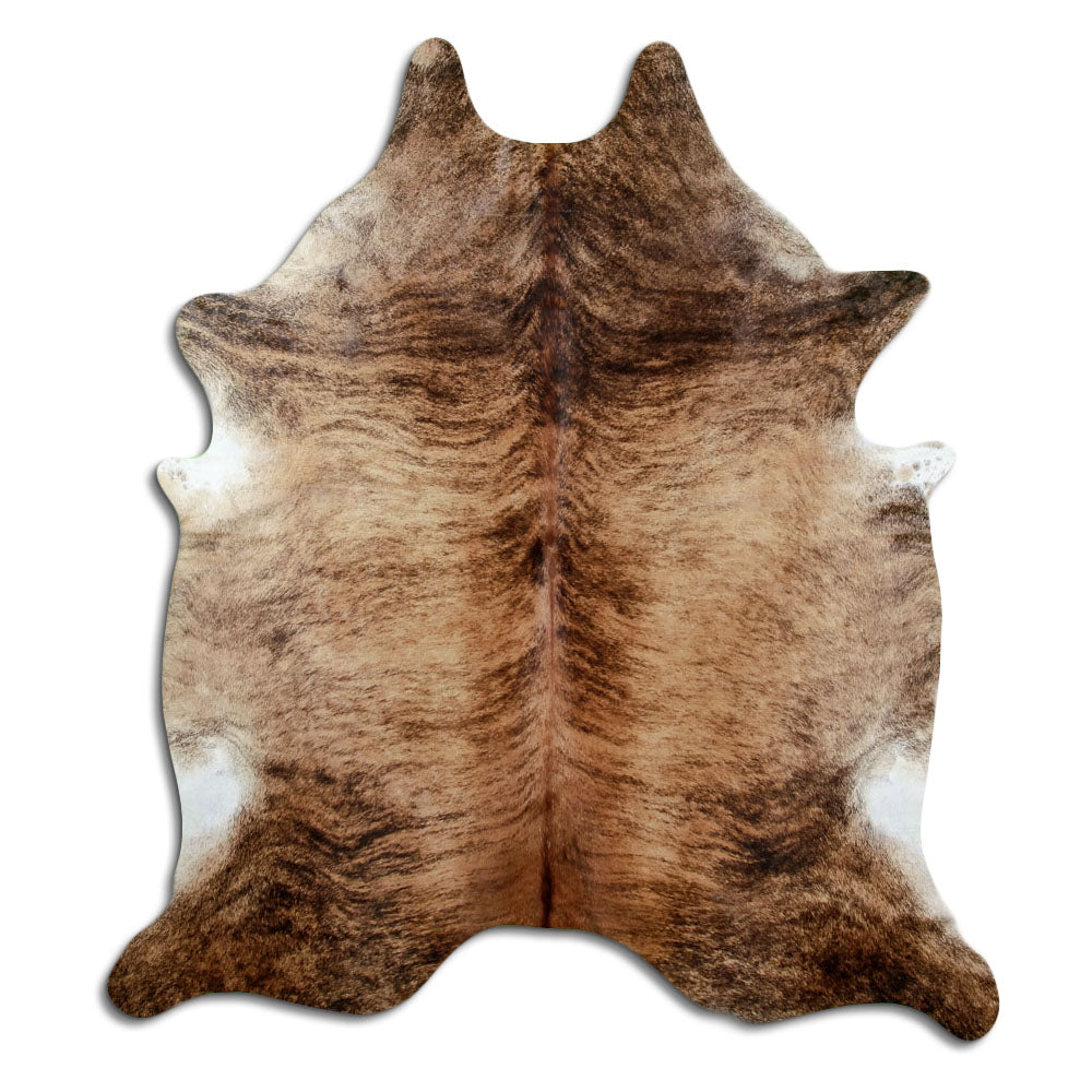 Brindle cowhide rug of about 230 × 200 cm, seen from above: the exact hide you receive