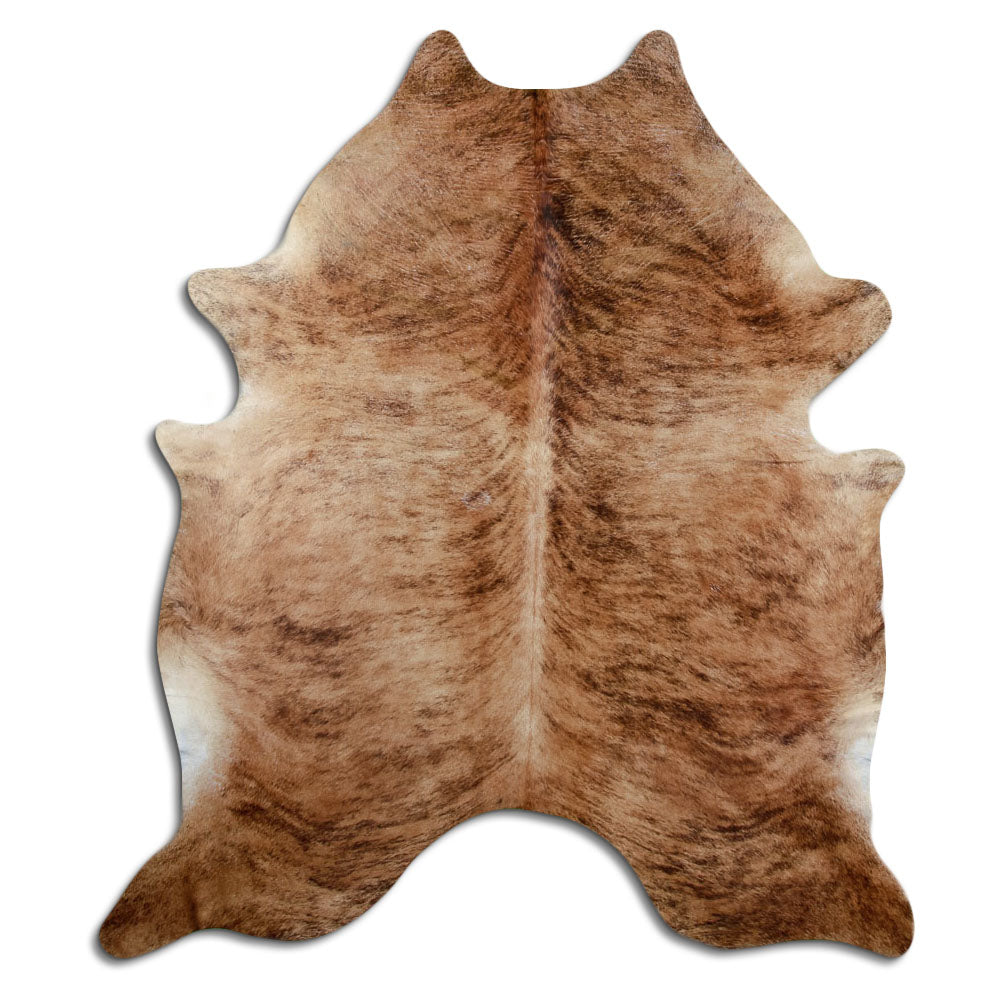 Brindle cowhide rug of about 220 × 190 cm, seen from above: the exact hide you receive