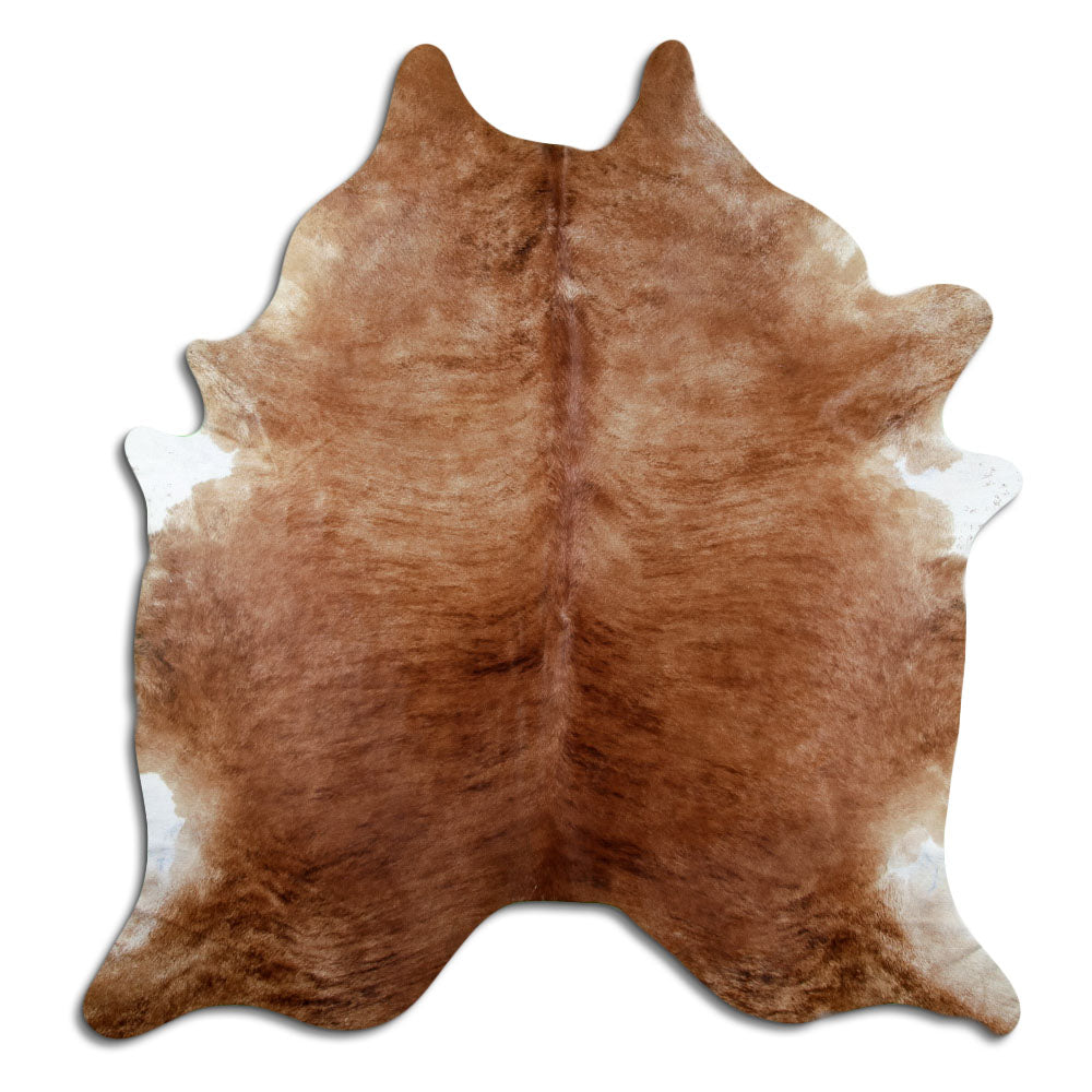 Brindle cowhide rug of about 210 × 200 cm, seen from above: the exact hide you receive
