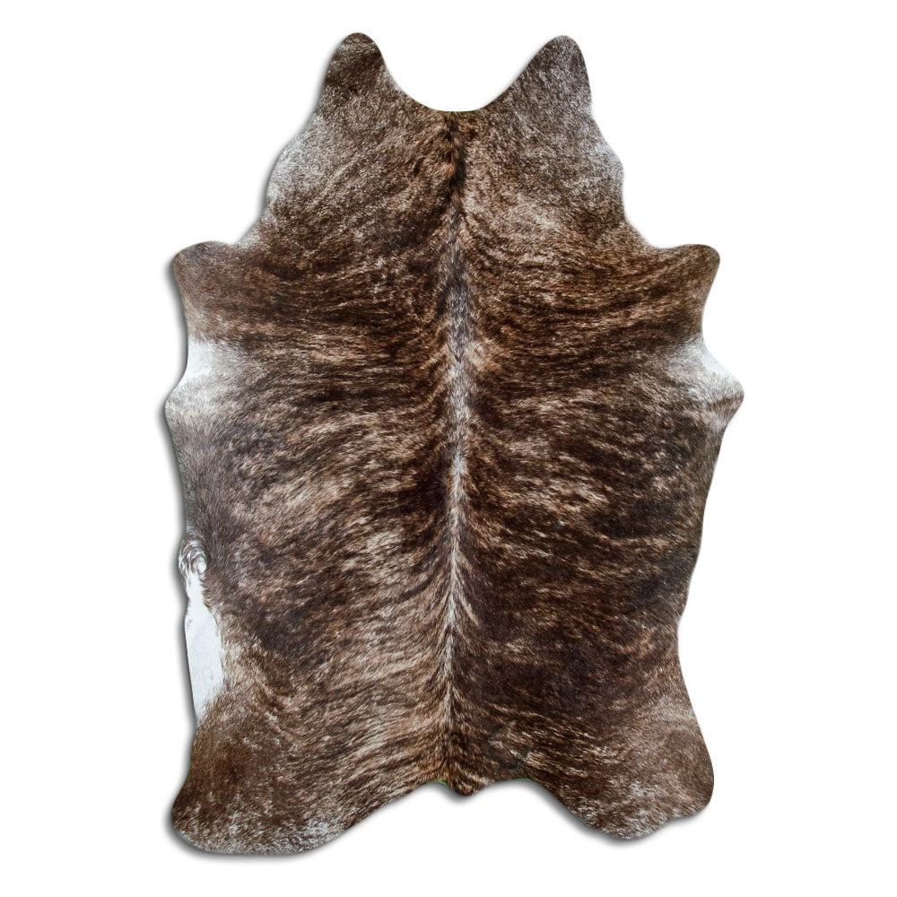 Brindle cowhide rug of about 210 × 140 cm, seen from above: the exact hide you receive