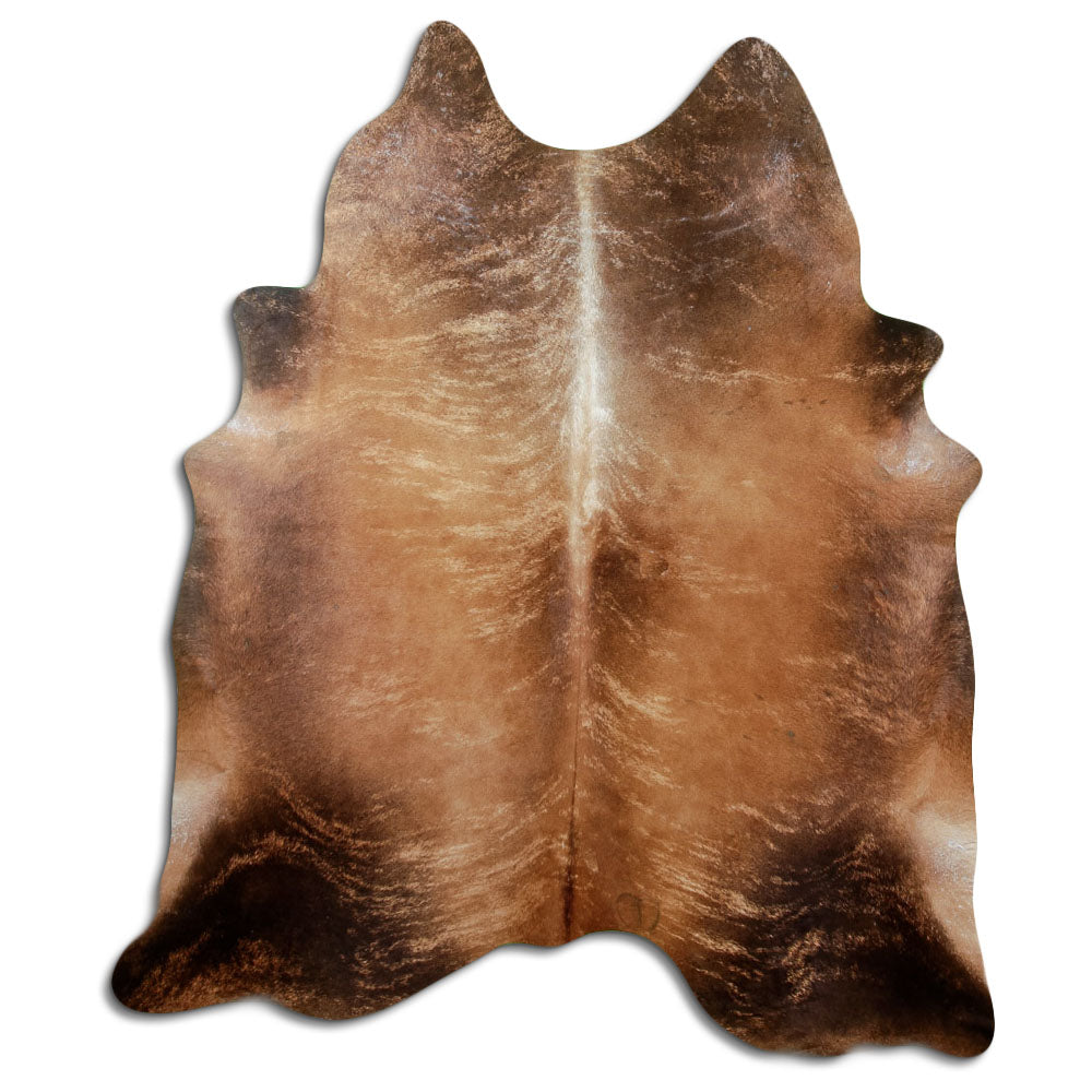 Brindle cowhide rug of about 200 × 180 cm, seen from above: the exact hide you receive