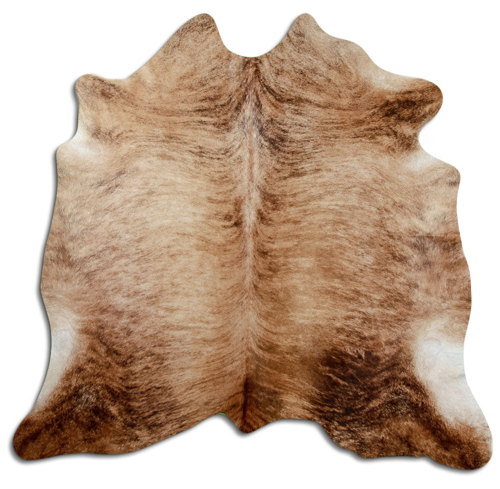 Brindle cowhide rug of about 180 × 190 cm, seen from above: the exact hide you receive