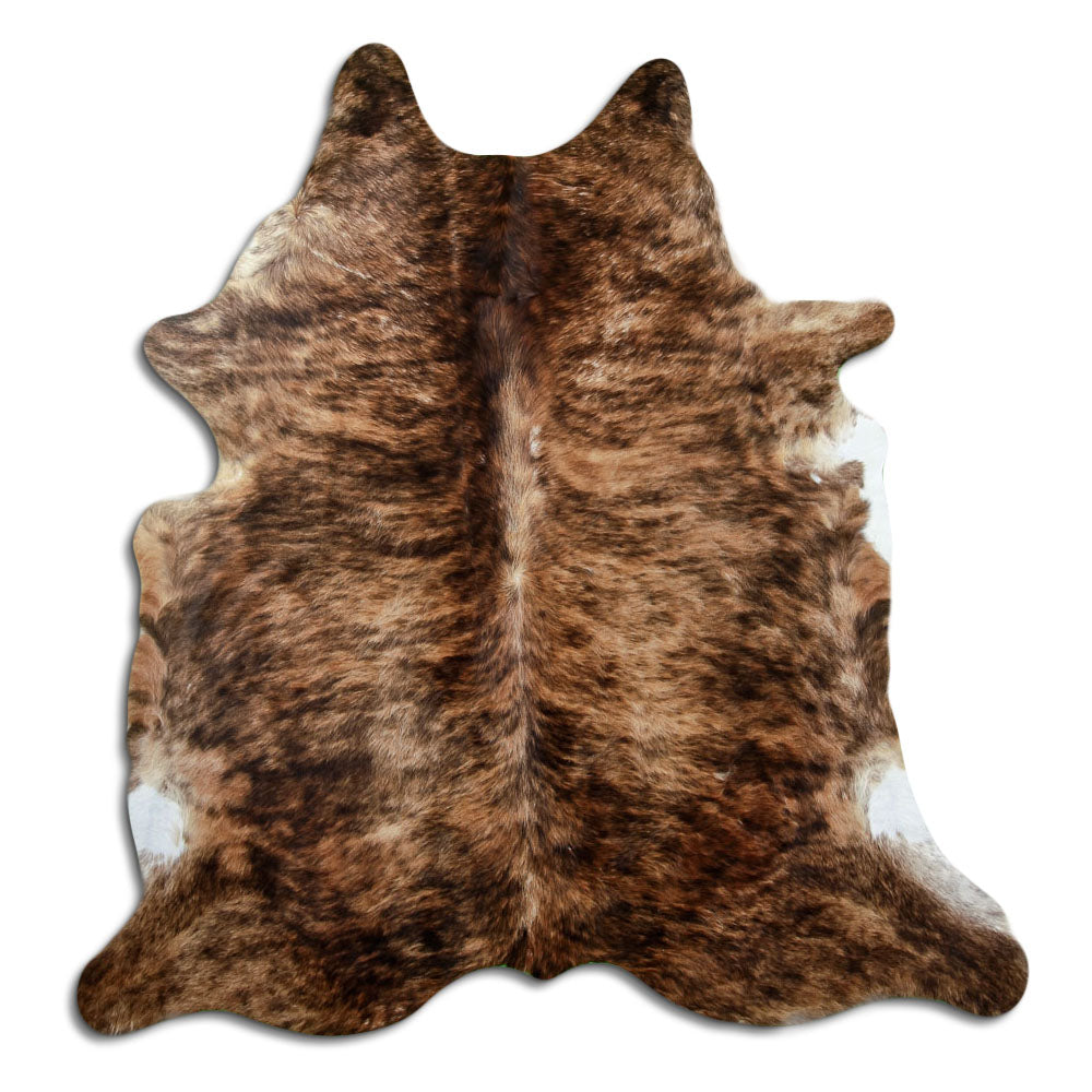 Brindle cowhide rug of about 220 × 210 cm, seen from above: the exact hide you receive