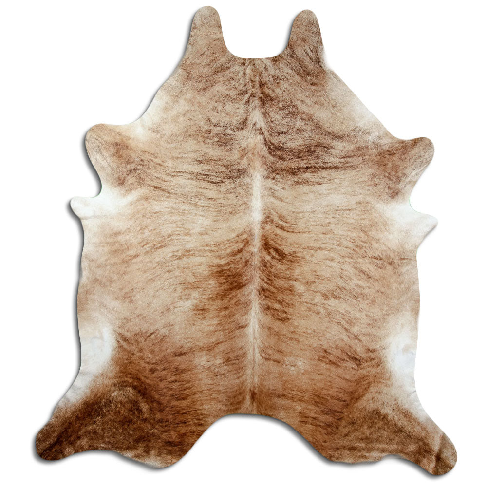 Brindle cowhide rug of about 240 × 220 cm, seen from above: the exact hide you receive