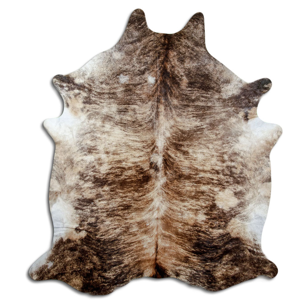 Brindle cowhide rug of about 250 × 220 cm, seen from above: the exact hide you receive