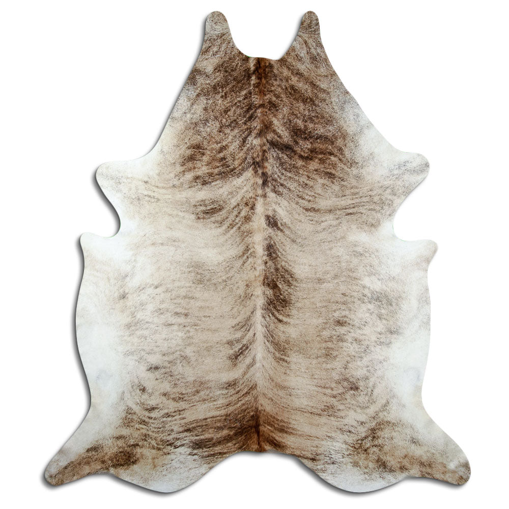 Brindle cowhide rug of about 250 × 220 cm, seen from above: the exact hide you receive