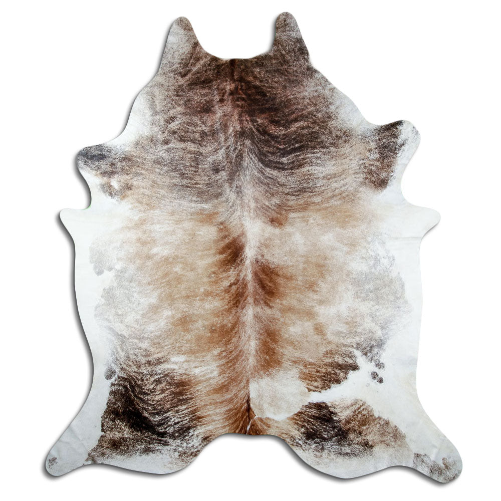Brindle cowhide rug of about 250 × 220 cm, seen from above: the exact hide you receive