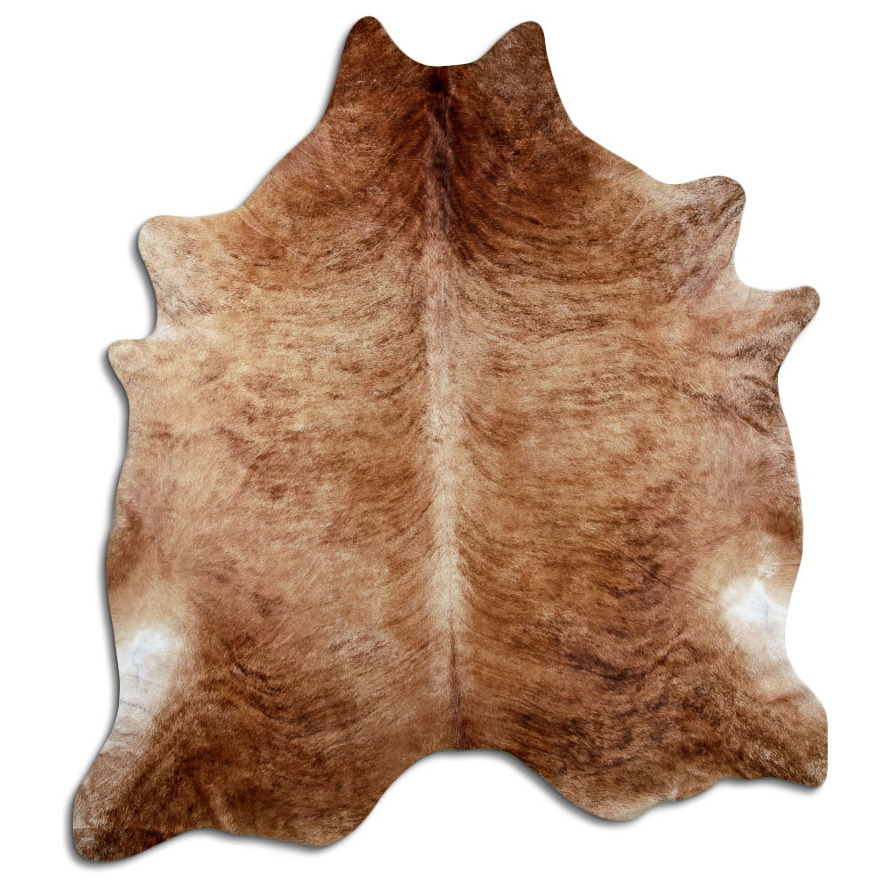 Brindle cowhide rug of about 250 × 220 cm, seen from above: the exact hide you receive