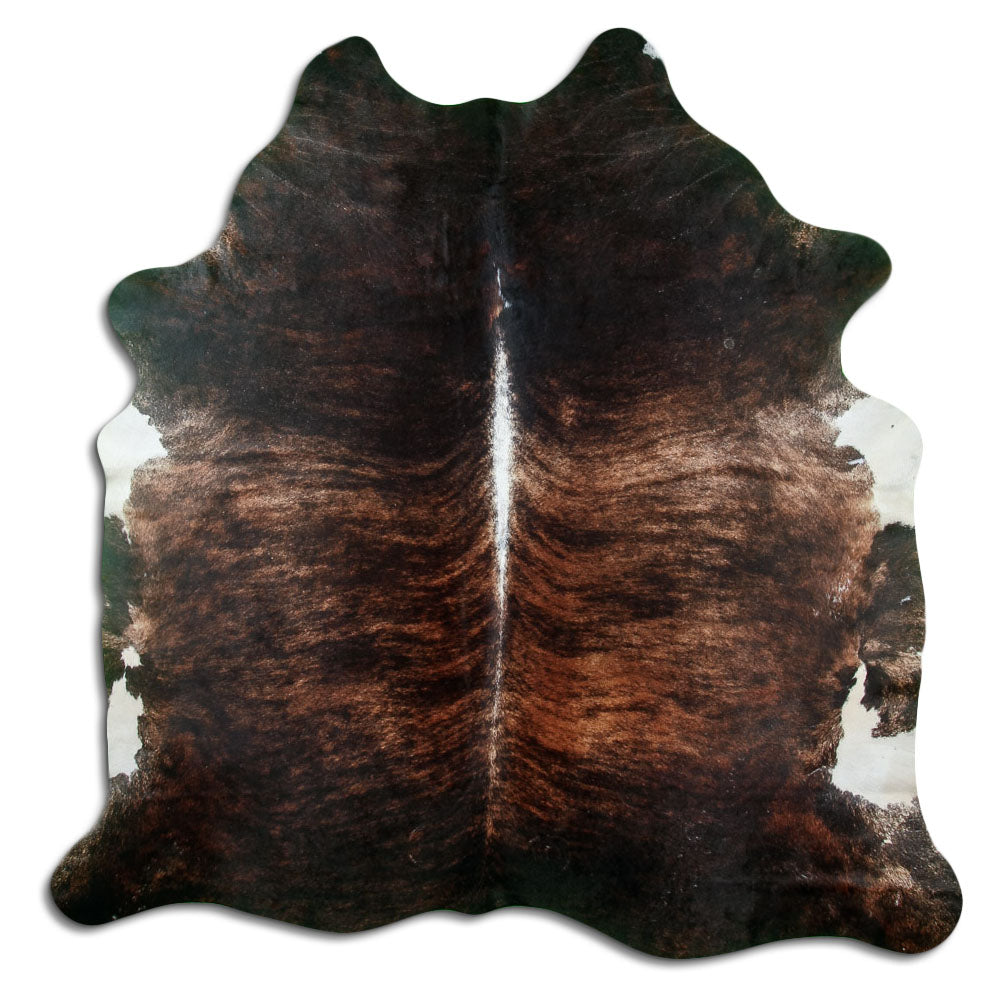 Brindle cowhide rug of about 210 × 210 cm, seen from above: the exact hide you receive